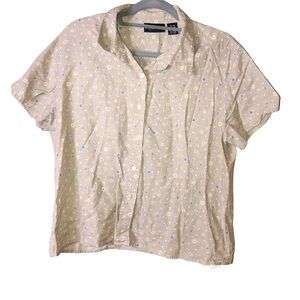 Style & Co Floral Linen Button Front Cropped Shirt Tan‎ Blue Size 18